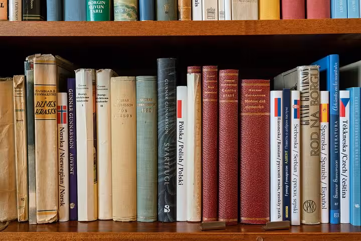 Shelf of books about Iceland and Scandinavia in multiple languages including Norwegian, Polish, and Spanish