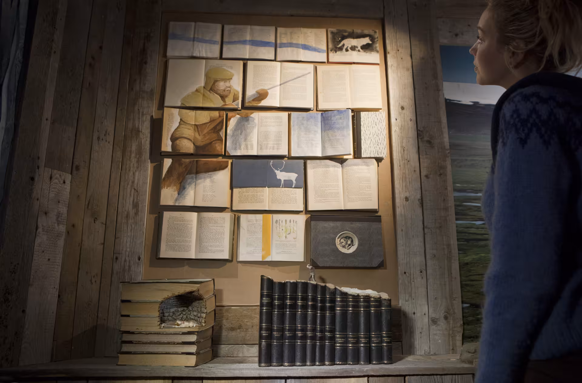 Woman viewing open books with reindeer and hunter illustrations mounted on rustic wooden wall in East Iceland