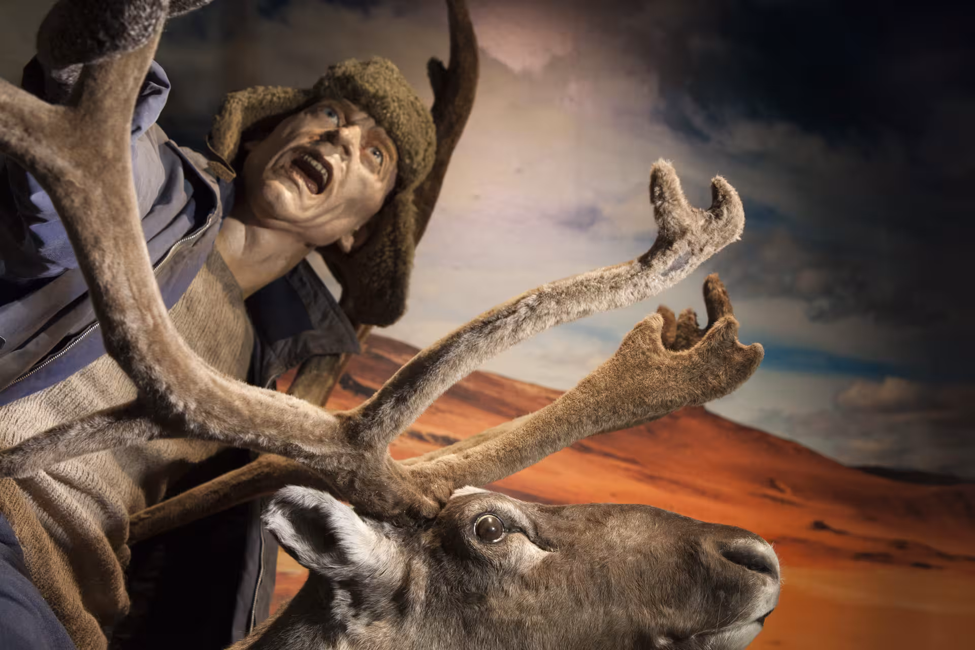 Museum display of man with reindeer and large antlers against dramatic desert backdrop in East Iceland