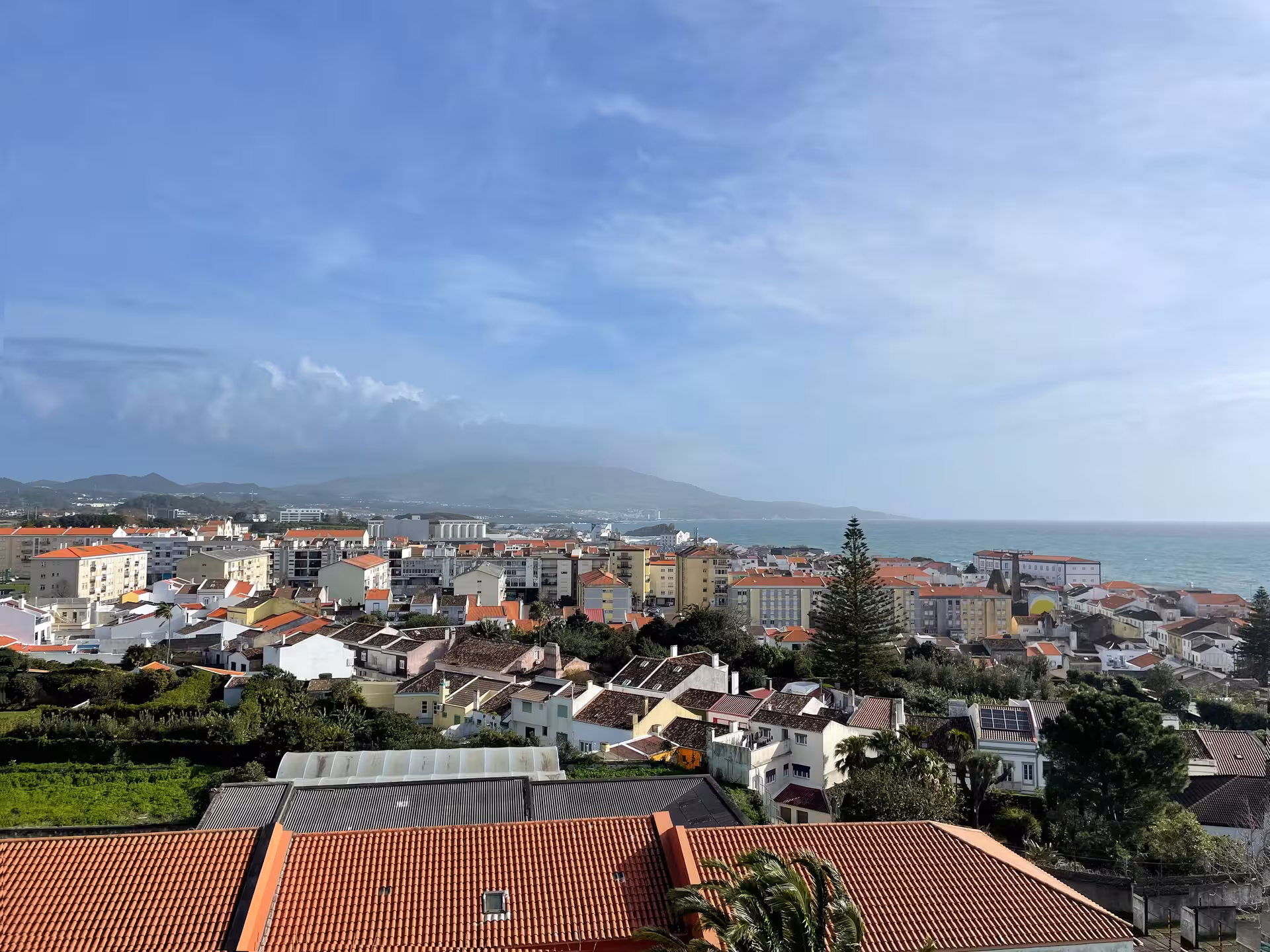 Panoramic view of Ponta Delgada from e-bike city tour, overlooking terracotta rooftops, marina and Atlantic Ocean