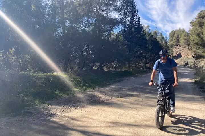 Rider on an e-fat bike cruising a forest dirt track on the Malaga Montes off-road e-bike adventure