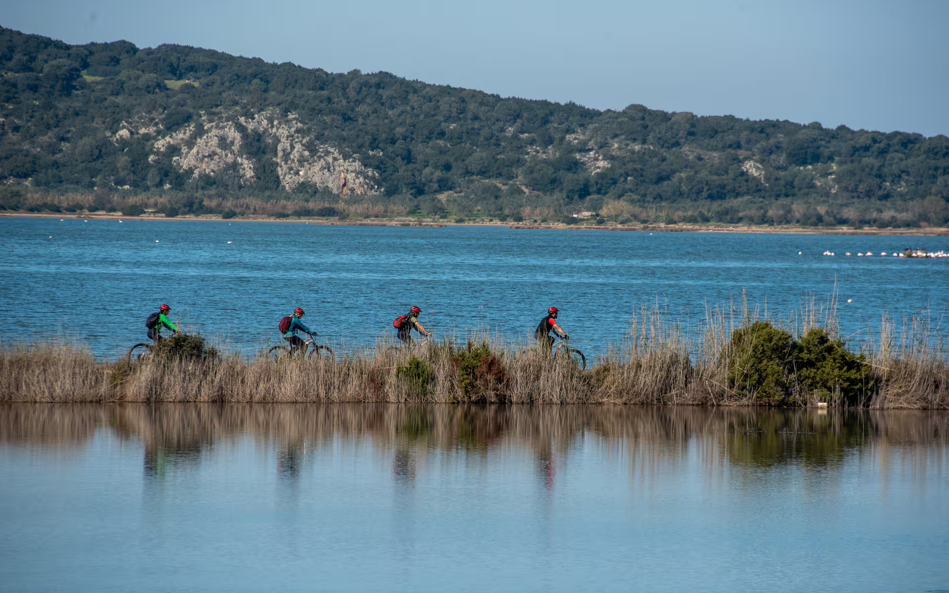 E-Bike Navarino Trail cyclists riding beside Gialova Lagoon wetlands with sea views near Costa Navarino, Greece