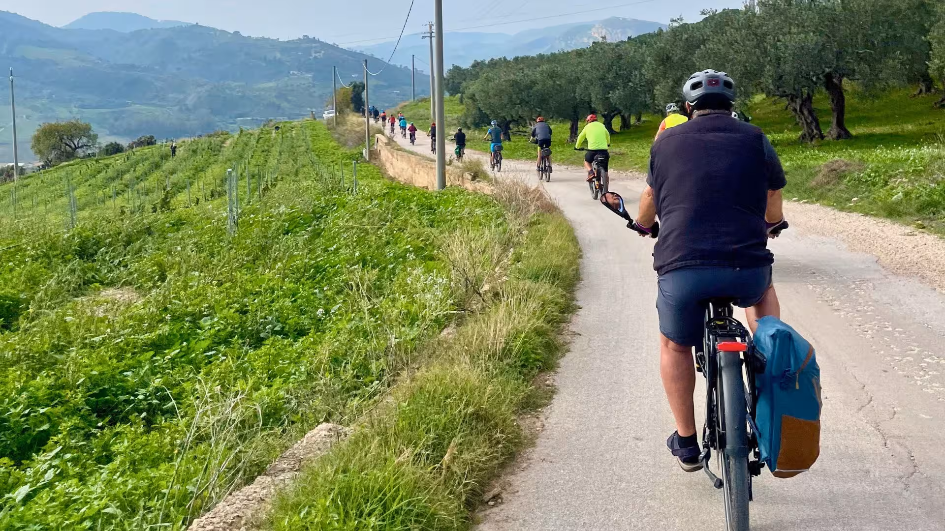 Group cycling through picturesque green fields and hills on an ebike tour from Castellammare del Golfo to Cornino.
