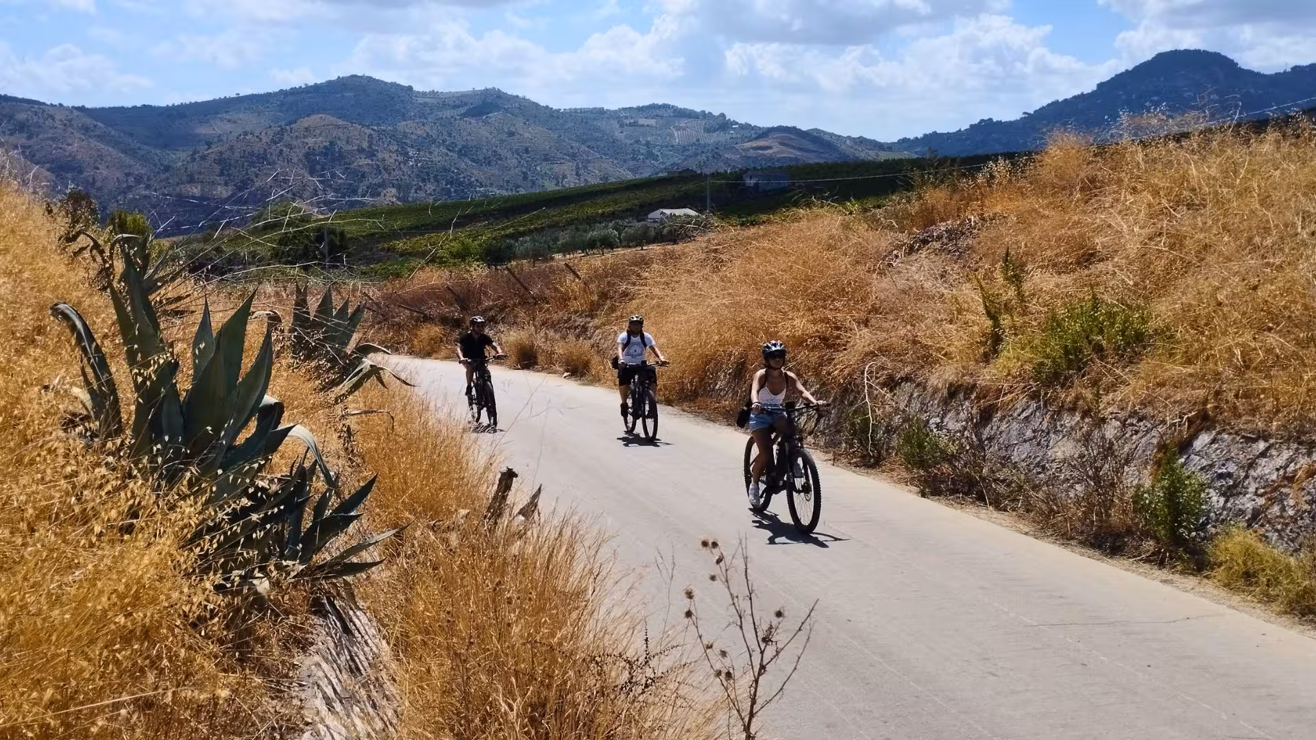 Cyclists enjoying a scenic ebike tour through Castellammare del Golfo's picturesque countryside towards Segesta.