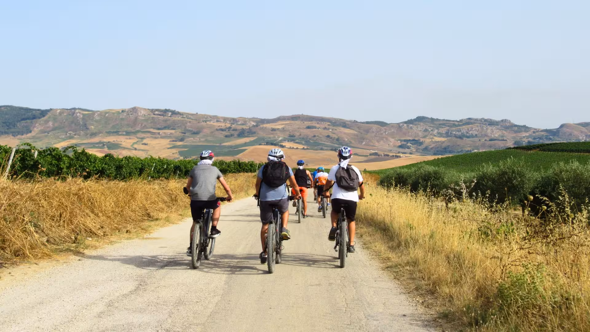 Group of cyclists enjoying an ebike tour through vineyards and rolling hills near Castellammare del Golfo.