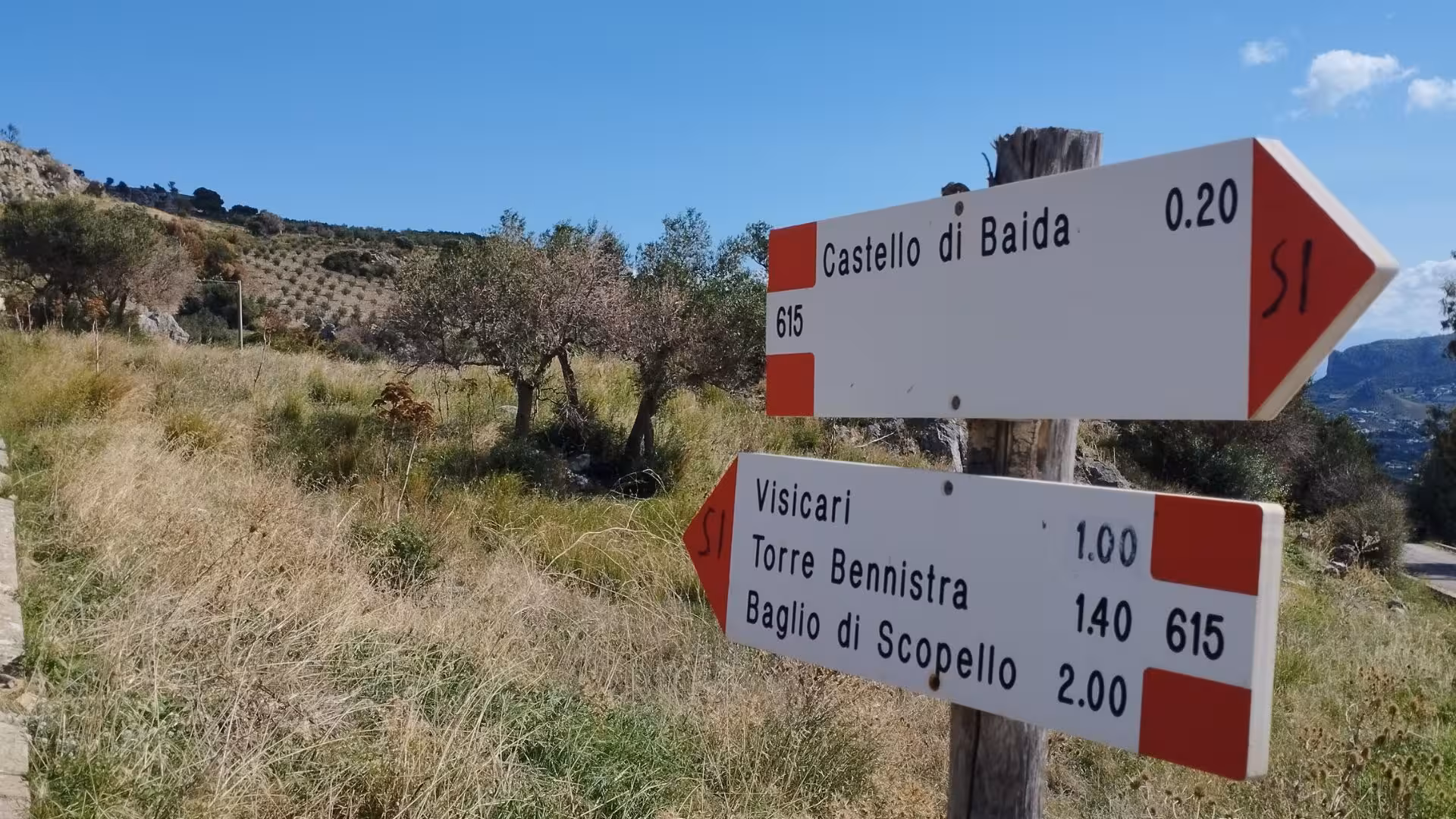 Directional signposts on the ebike tour route to Cornino, guiding visitors through picturesque Sicilian landscapes.