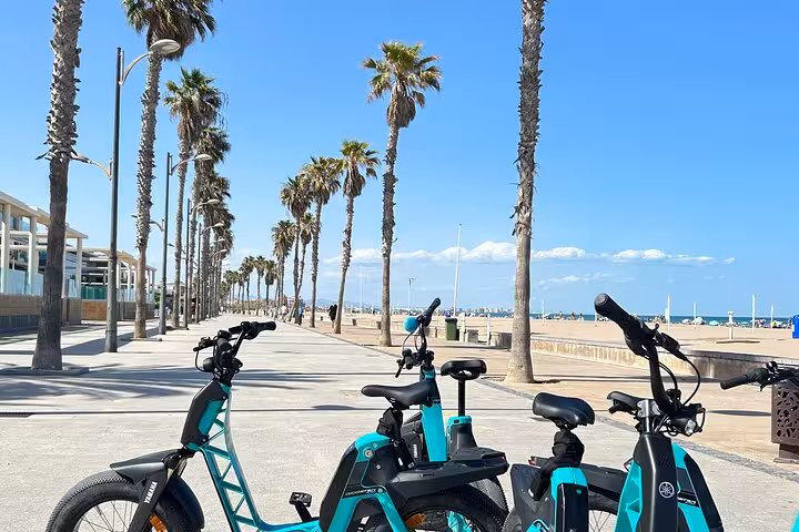 E-bikes parked on Valencia beach promenade with palm trees, ideal for Beaches and City of Arts e-bike tour