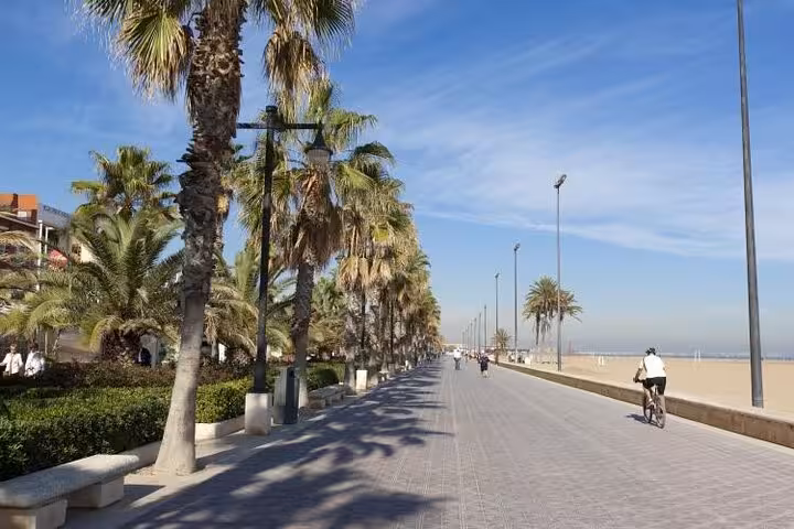 Cyclists on Valencia beach promenade lined with palm trees, a scenic stop on the e-bike tour