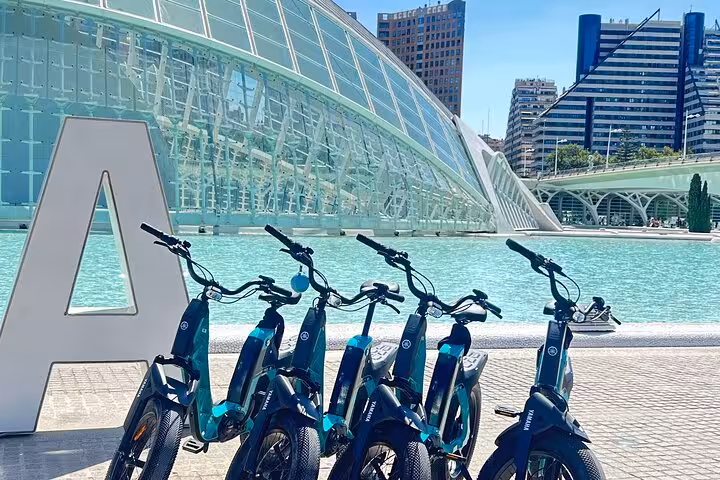 E-bikes parked at Valencia City of Arts and Sciences by turquoise pool, start point for beach e-bike tour