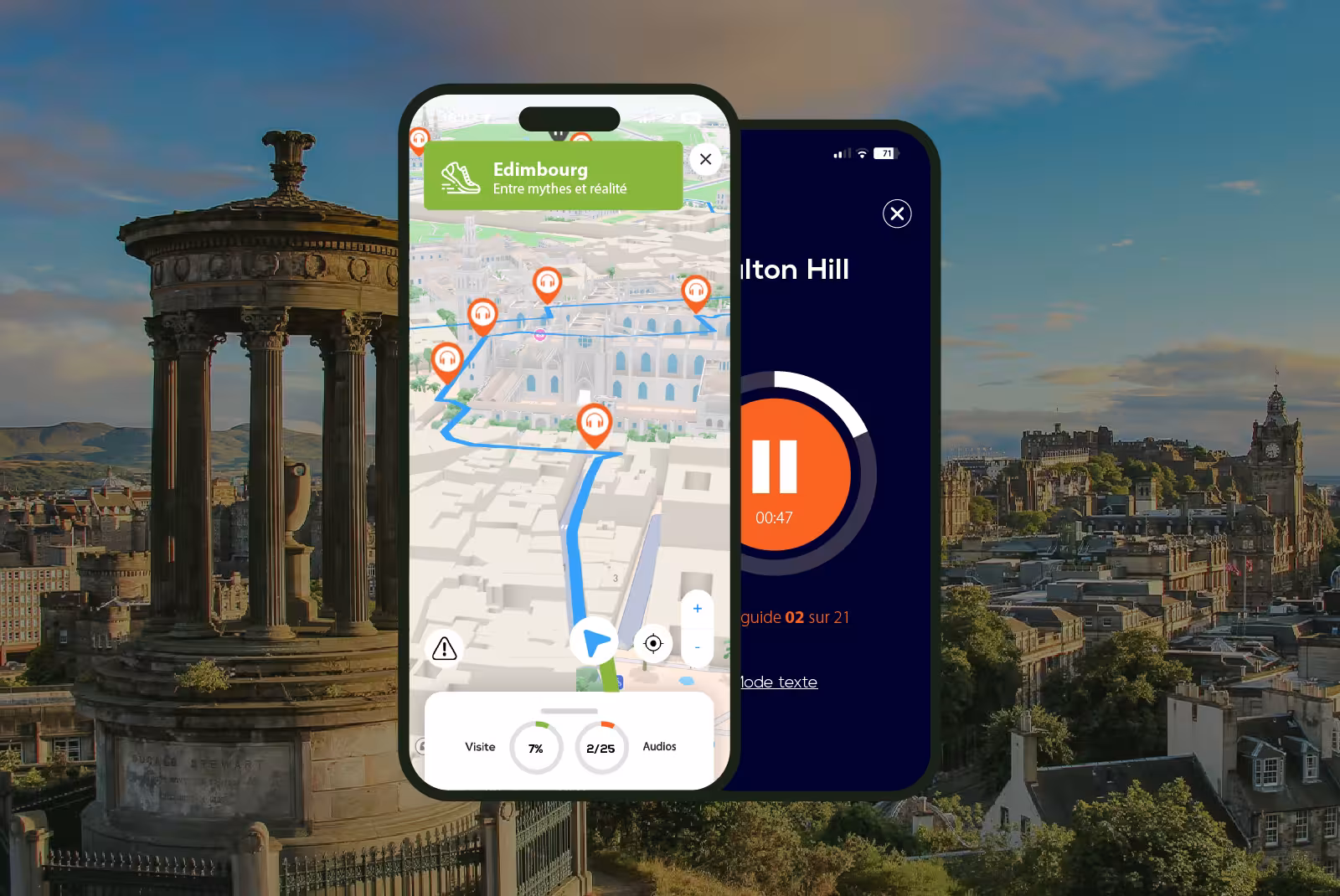 Edinburgh self-guided audio walking tour app showing 3D GPS map with route markers and audio player at Calton Hill
