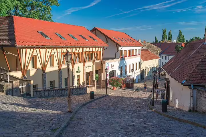 Cobbled street in Eger old town with red-roofed houses, featured on Eger wine tasting day trip from Budapest