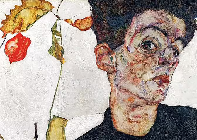 Discover Egon Schiele's expressive self-portrait with vibrant colors on a themed tour at the Leopold Museum.