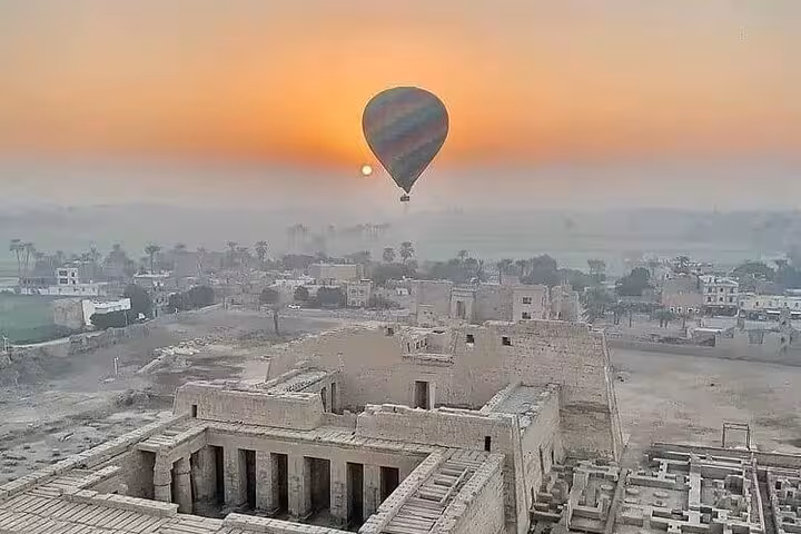 Sunrise hot air balloon over Luxor West Bank temples, highlight of 8-day Egypt tour Cairo Aswan Abu Simbel