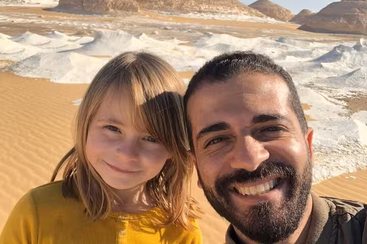 Happy selfie in Egypt White Desert dunes during a private 2-day Black and White Desert camping experience