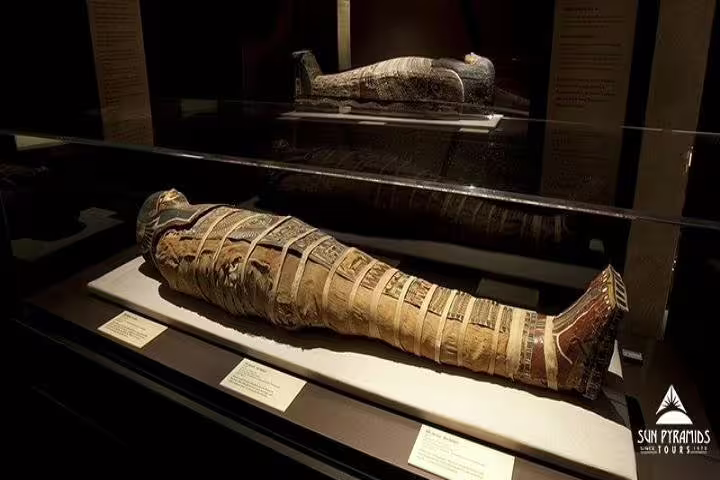 Ancient Egyptian mummy display at the Egyptian Museum Cairo, must-see stop on a 5 day Cairo tour package