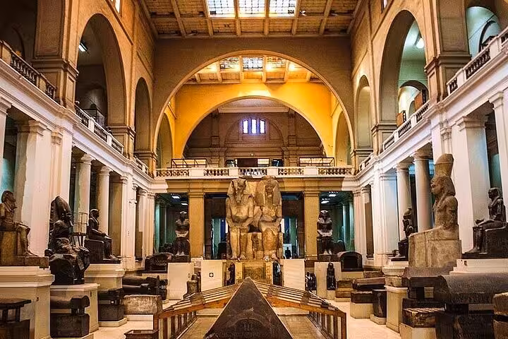 Egyptian Museum Cairo main gallery with colossal statues, featured on private Cairo museum tour
