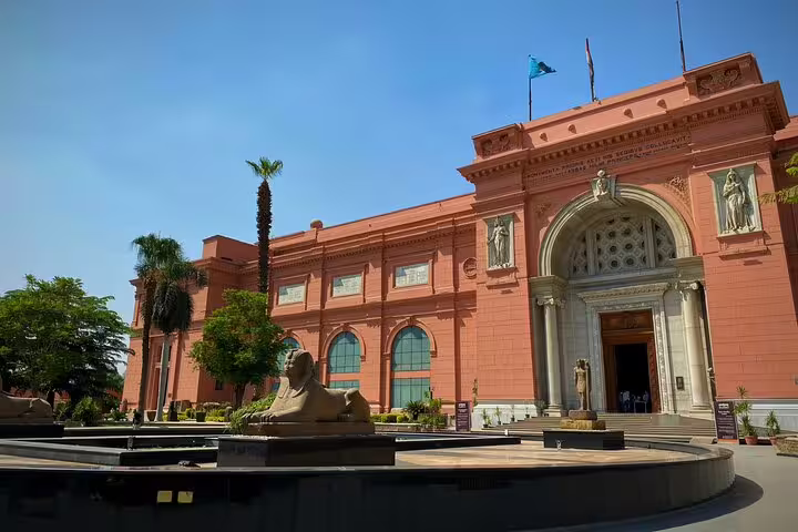 Egyptian Museum Cairo exterior stop on overnight Luxor to Cairo by VIP first class train excursion