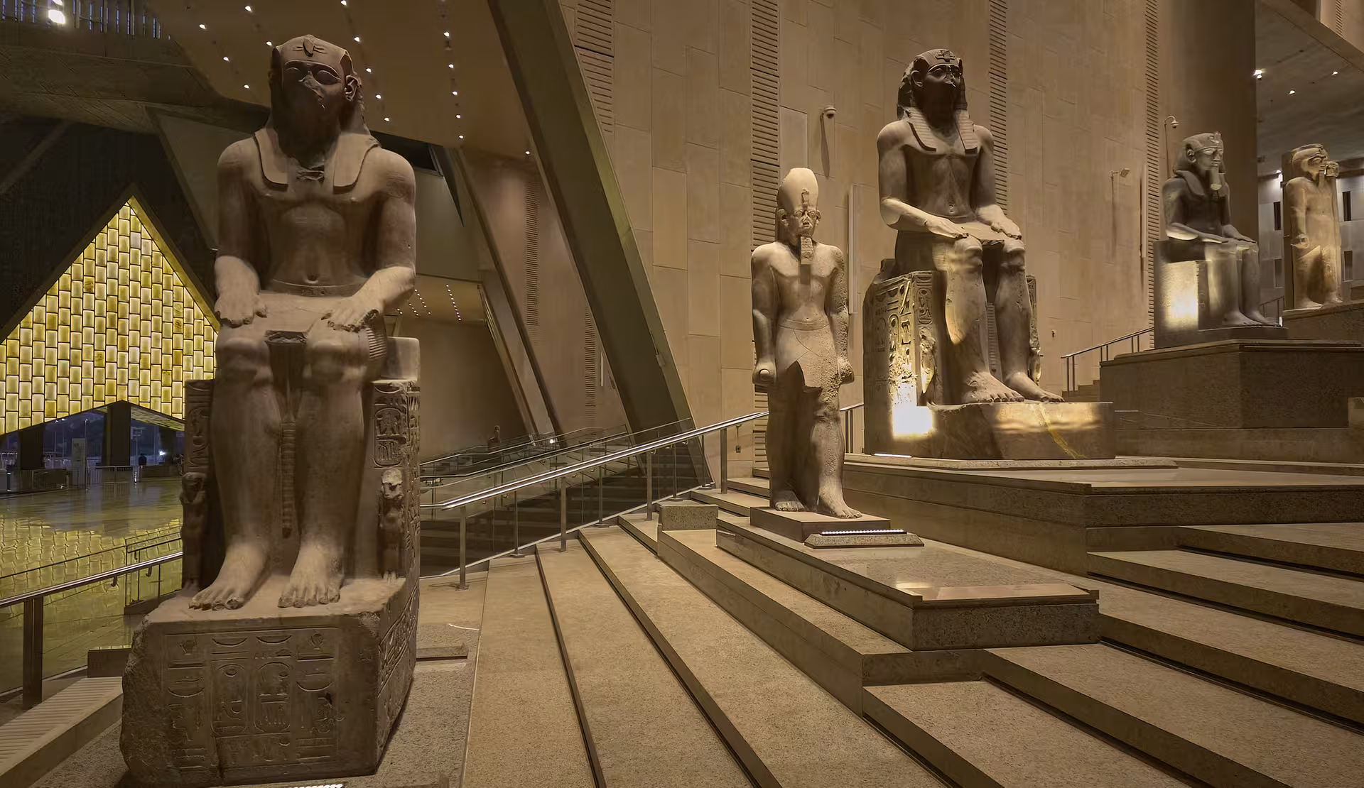 Grand Egyptian Museum Cairo statues hall, a highlight on 8-day Nile cruise tour from Cairo to Abu Simbel