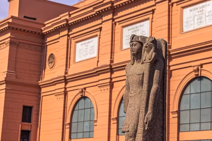 Ancient Egyptian statue outside the Egyptian Museum Cairo, highlight for online QR skip-the-line entry