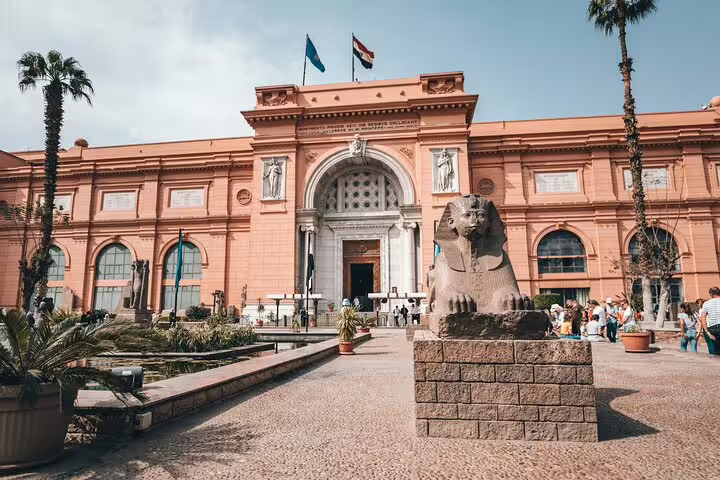 Egyptian Museum Cairo exterior with sphinx statue, key stop on private Dahab to Cairo day tour by flight