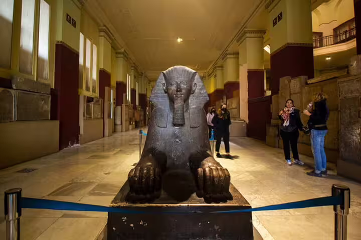 Ancient Egyptian sphinx statue inside the Egyptian Museum, Cairo, on a private 3-day guided tour