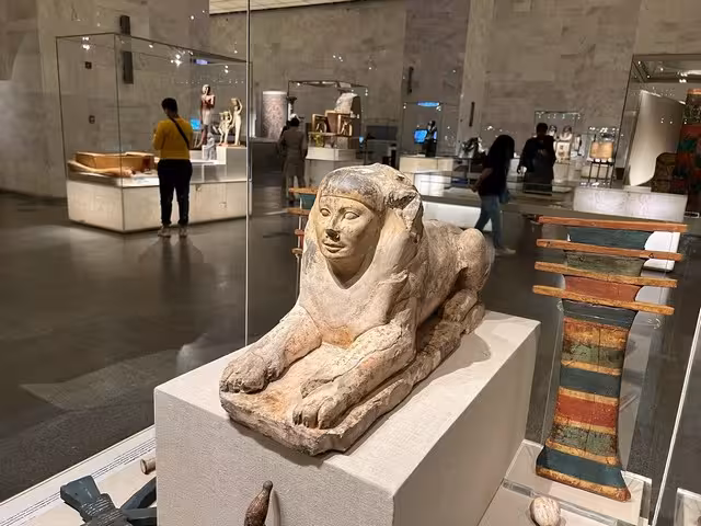 Ancient Egyptian sphinx statue exhibit at the National Museum of Egyptian Civilization on a private Cairo tour