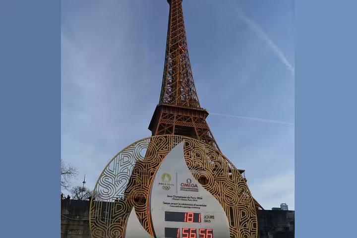 Paris 2024 Olympics countdown clock in front of the Eiffel Tower on a clear day