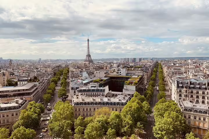 Aerial view of Paris with Eiffel Tower and tree-lined boulevards under cloudy sky