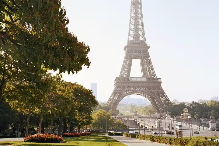 Eiffel Tower rising above lush green trees and gardens in Paris on a sunny day