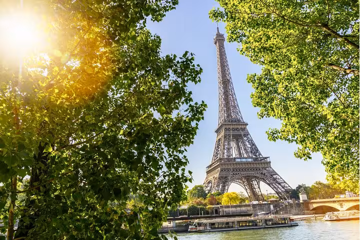 Eiffel Tower framed by green trees over the Seine, ideal for a private tour with luxury lunch, cruise and Louvre