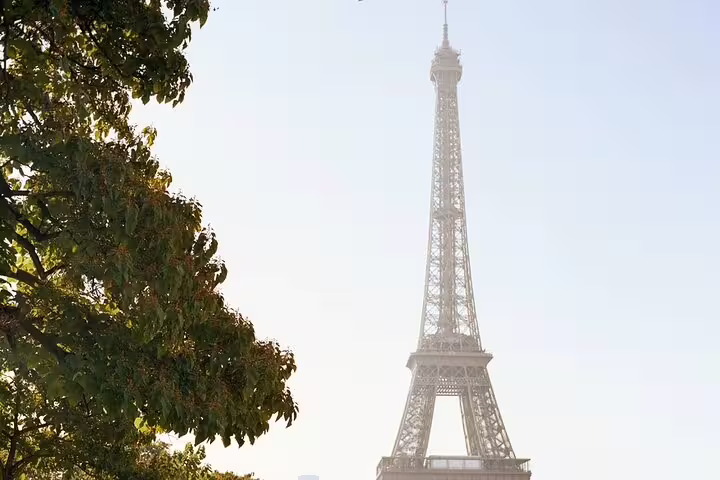 Eiffel Tower rising above green trees against a hazy Paris sky