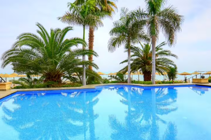 Palm-lined resort swimming pool at El Ain Sokhna Red Sea, private overnight getaway from Cairo