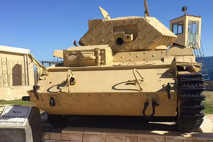 British WWII tank display at El Alamein War Museum, popular photo stop on El-Alamein day tour from Cairo