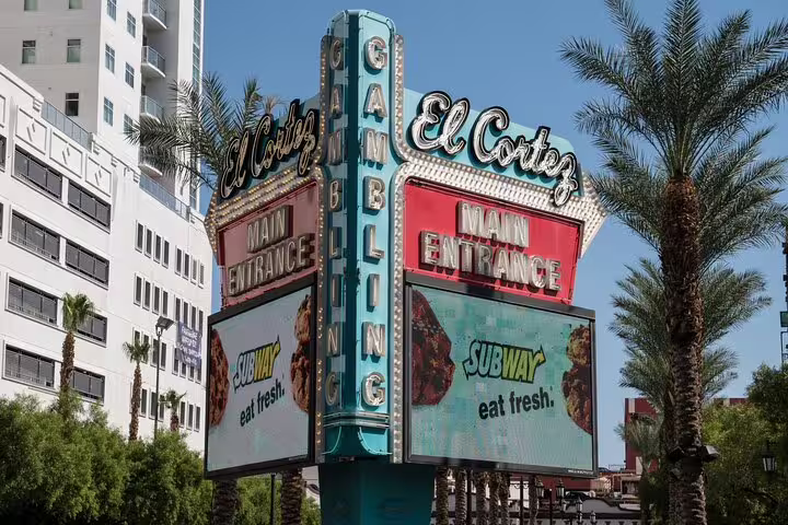 El Cortez Hotel and Casino main entrance gambling sign with Subway advertisement in Las Vegas