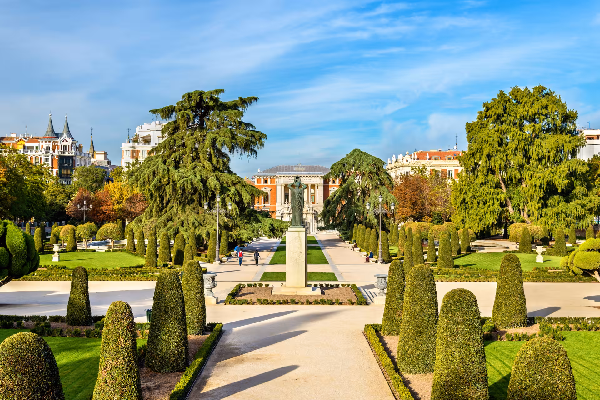 El Retiro Park Madrid gardens and statue, scenic stroll on the Leyendas Locales and Legends Home of Football tour