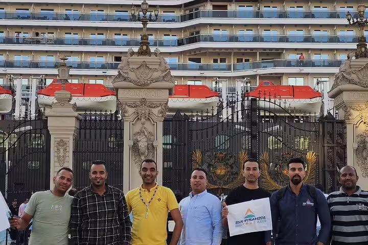 Tour guides meet cruise guests at El Sokhna port for Giza Pyramids and Egyptian Museum guided day tour