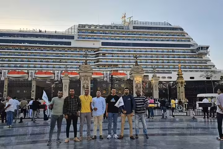 Cruise ship at El Sokhna port with tour group meeting point for Giza Pyramids and National Museum day trip