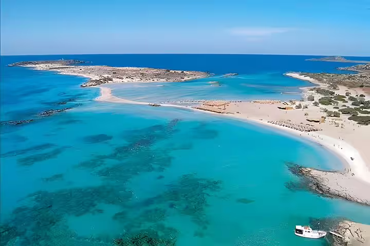 Stunning aerial view of Elafonisi Beach with turquoise waters, a highlight of the Private Tour with tastings.