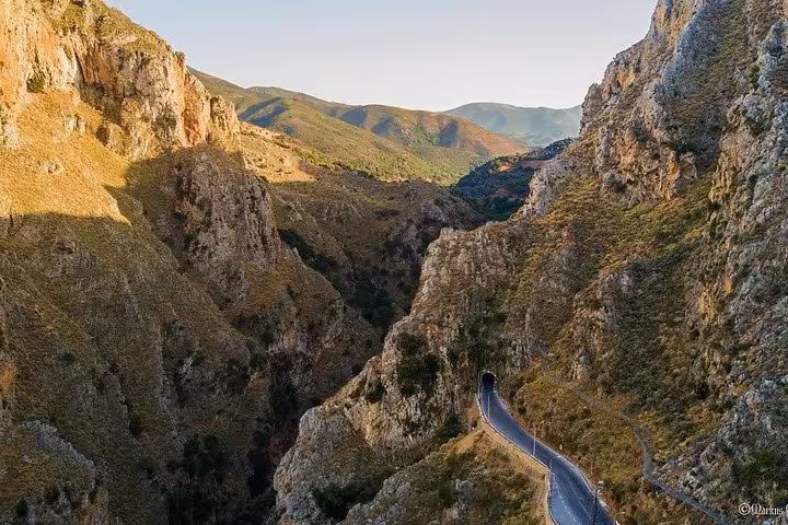 Scenic Kourtaliotiko Gorge road on Crete, en route from Rethimno to Elafonissi Beach day trip
