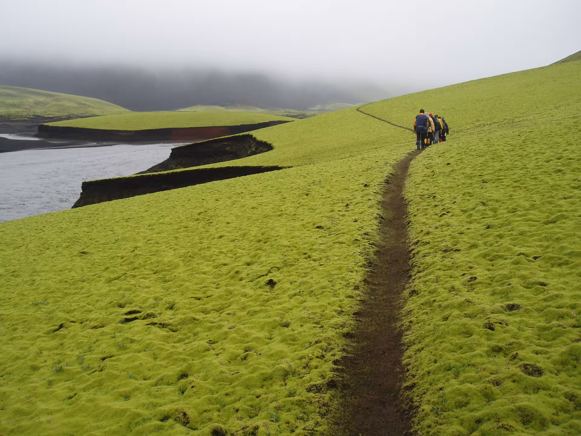 Hikers trekking single-file along a narrow path through vibrant green moss fields near Eldgja Canyon, Iceland