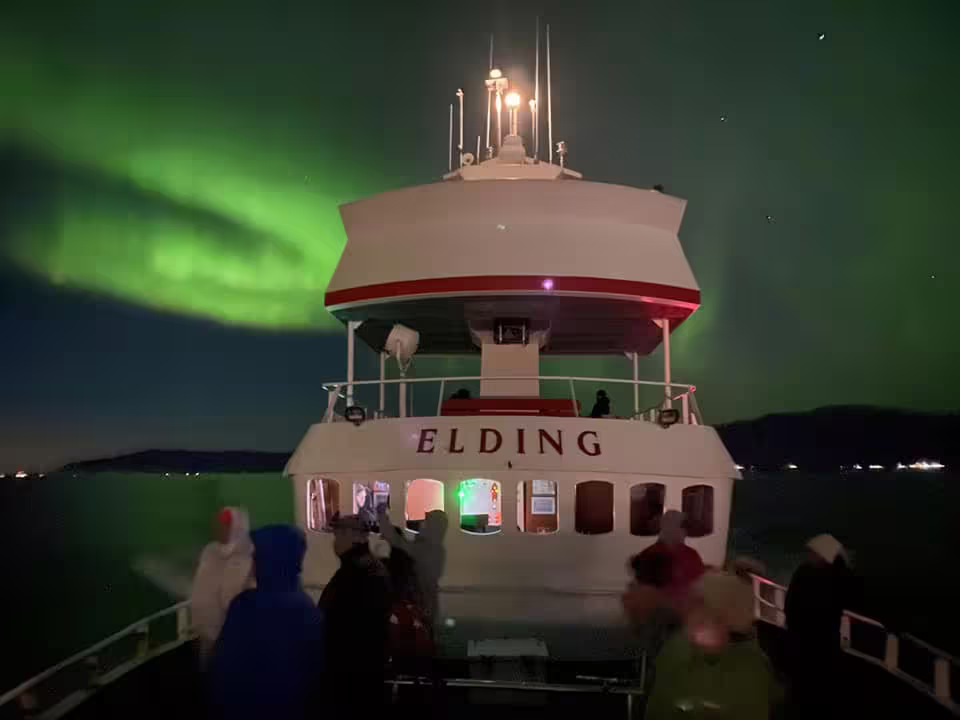 Elding boat with tourists viewing vibrant green northern lights over Reykjavik waters at night