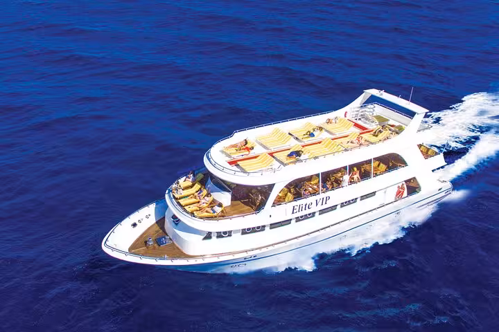 Aerial view of Elite VIP yacht in Sharm El Sheikh Red Sea, heading to Ras Mohammed and White Island snorkel tour