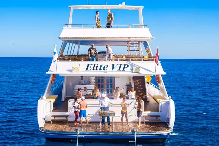 Elite VIP yacht in Sharm El Sheikh on Ras Mohammed and White Island cruise, Red Sea snorkeling day trip