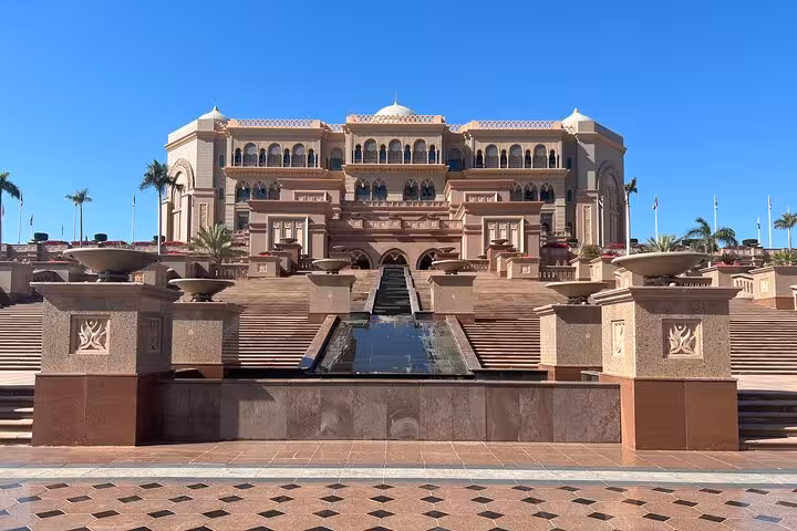 Emirates Palace Abu Dhabi facade and grand steps on Dubai to Abu Dhabi multi-day tour adventure from Dubai