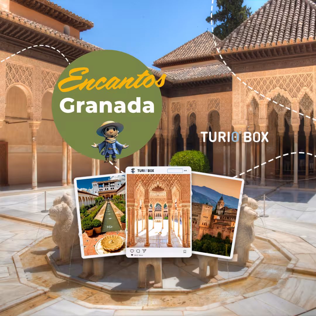 Encantos Granada tour banner featuring Alhambra courtyard and local highlights, perfect for Encantos Locales + Alhambra booking