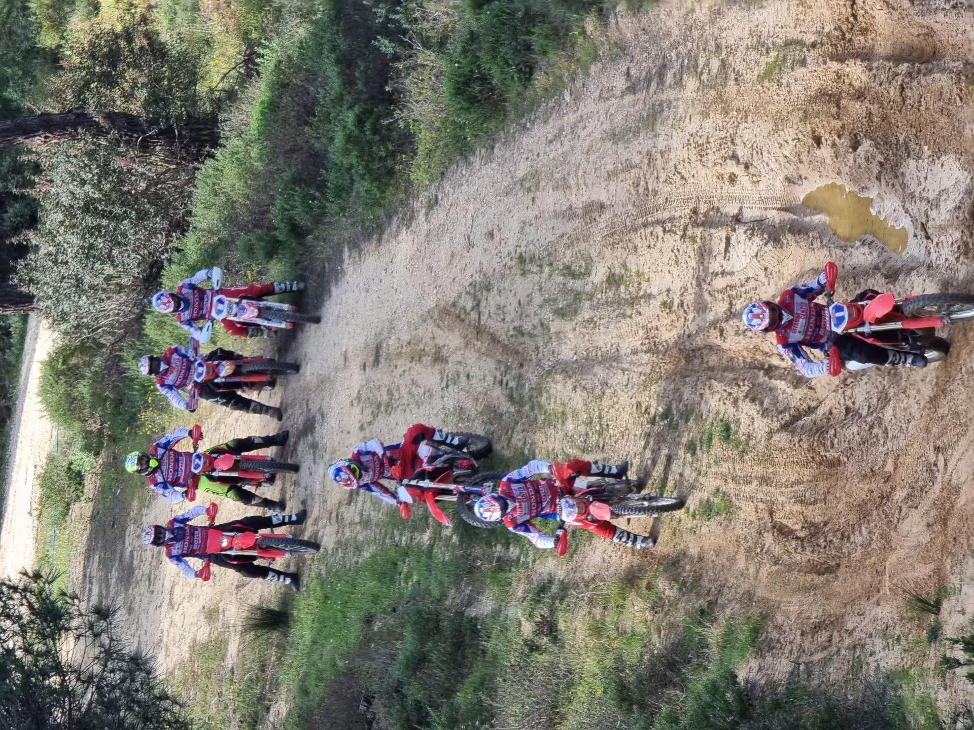 Group of dirt bikers on a rugged forest trail during a 3-hour Enduro Tour in Carregado, Lisbon.