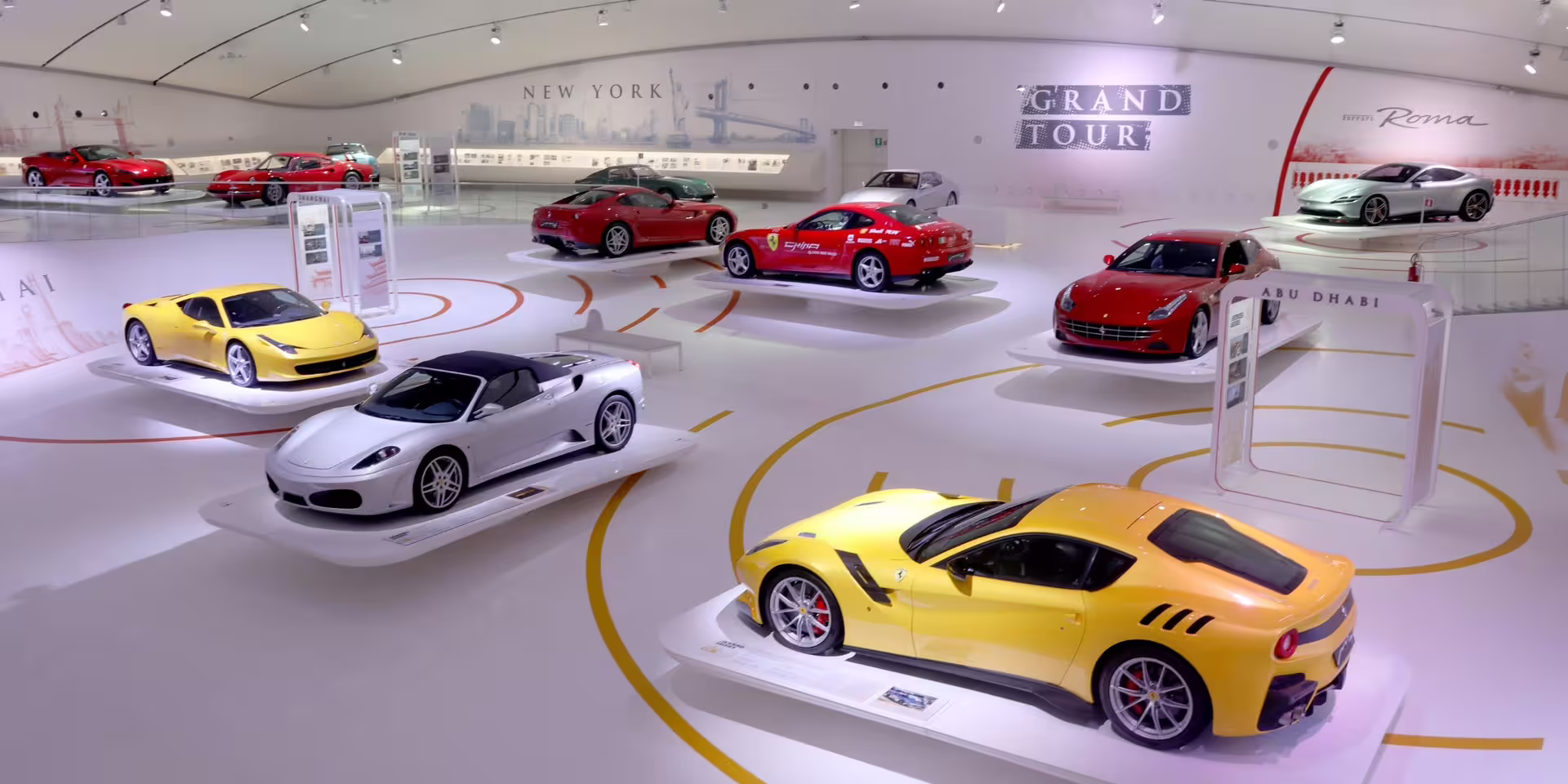 Ferrari supercar gallery at Enzo Ferrari Museum Modena, showcasing iconic models with museum entrance ticket