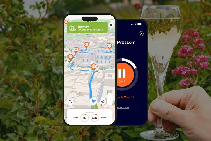 Epernay self-guided walking tour app showing GPS map and audio guide on smartphone with champagne glass