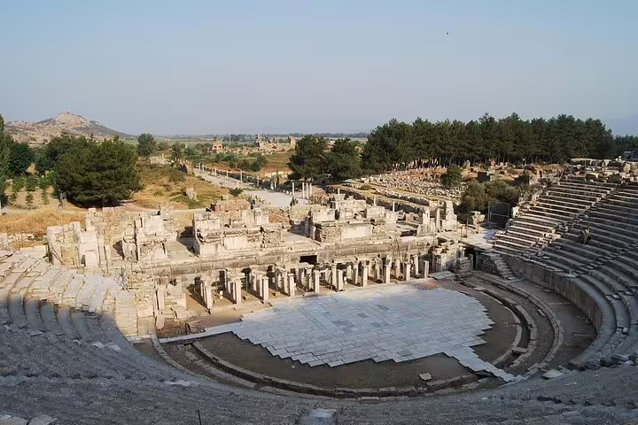Visit the grand amphitheater of Ephesus, offering expansive views and historical insights, on a private tour from Kusadasi Port.