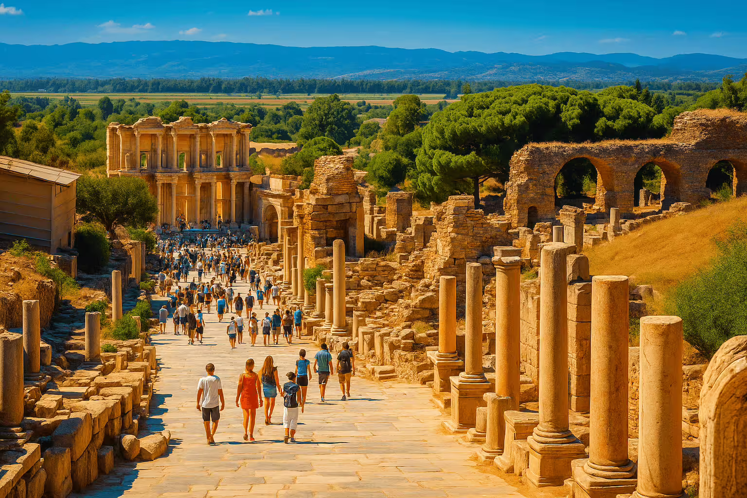 Crowds of tourists exploring ancient Roman ruins with columns and a grand stone building in the background.